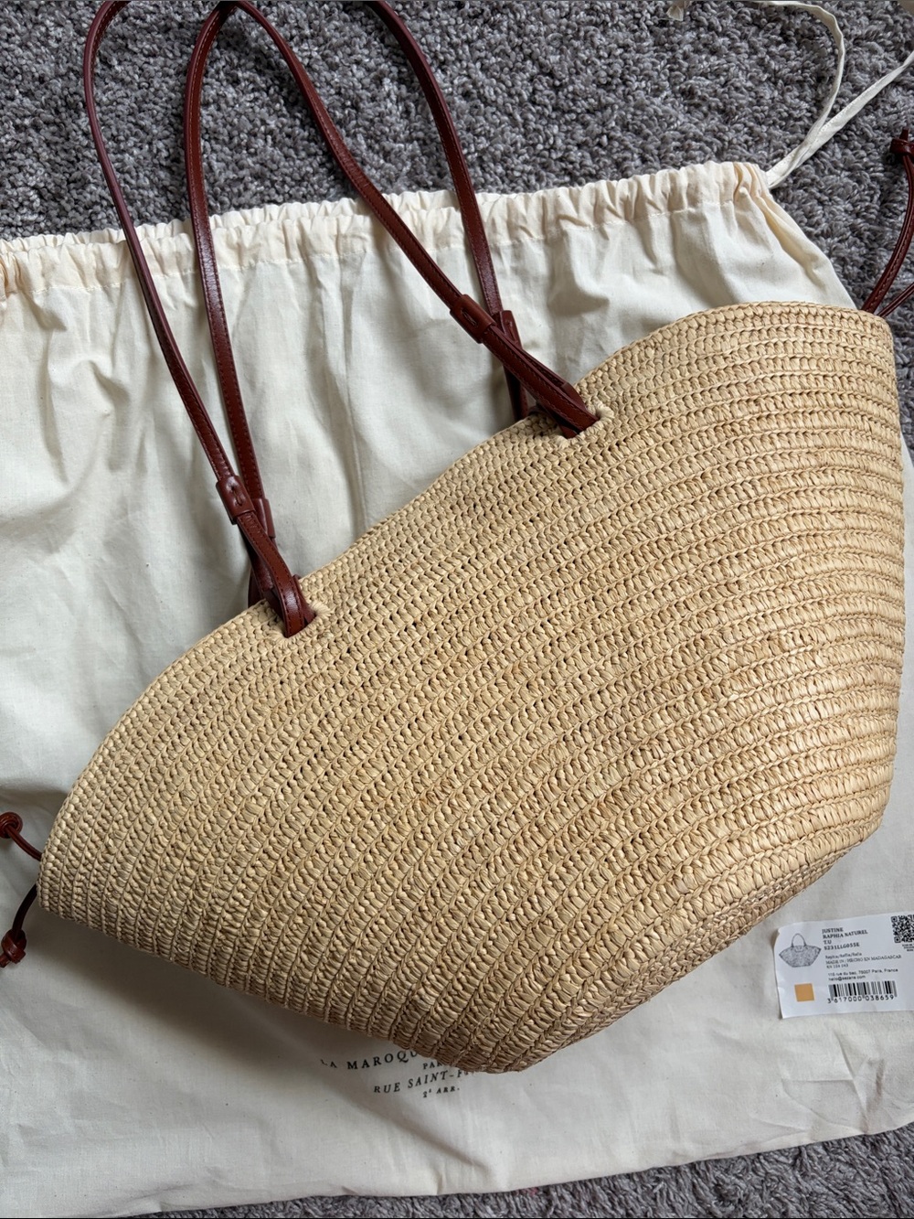 Woven Justine Raffia Straw Tote Bag with Brown Leather Trim - Picture 7 of 7